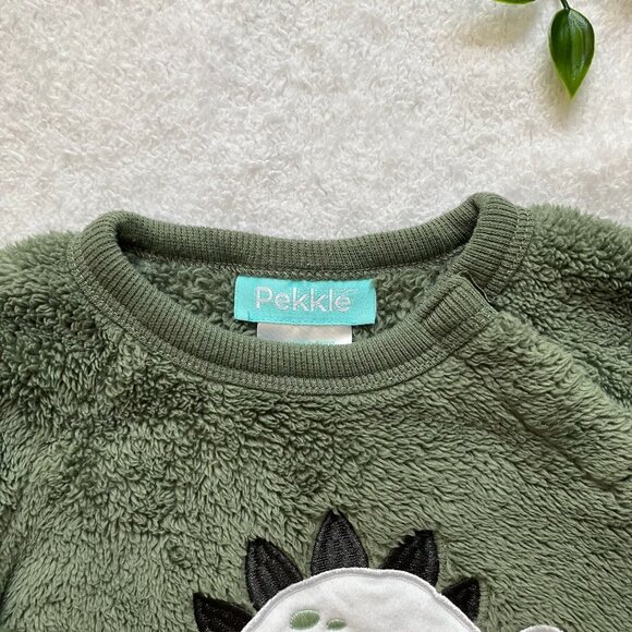 Pekkle 9M Olive Green Dinosaur Fuzzy Sweatshirt VGUC Baby Boy - Picture 2 of 16